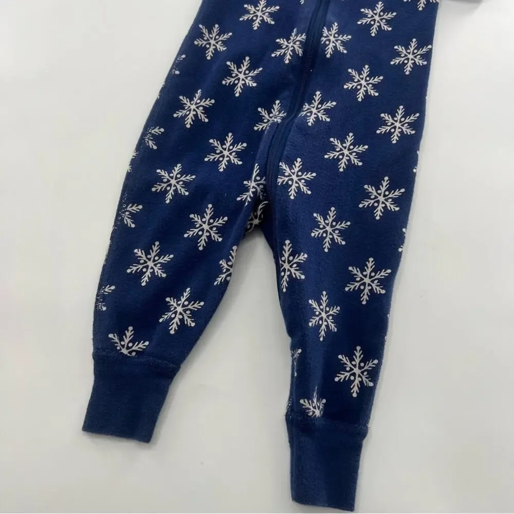 Hanna Andersson Navy Blue Baby Onesie Pajamas Zip Up Snowflakes Snow Christmas